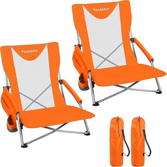 Youtanic Beach Chairs 2 Packs, Folding Portable Chair for Adults, Standard Back Extra Wide Seat with Cup Holder & Carry Bag, Lightweight Camp Chair for Outdoor, Beach, Sand, up to 350lbs, Orange