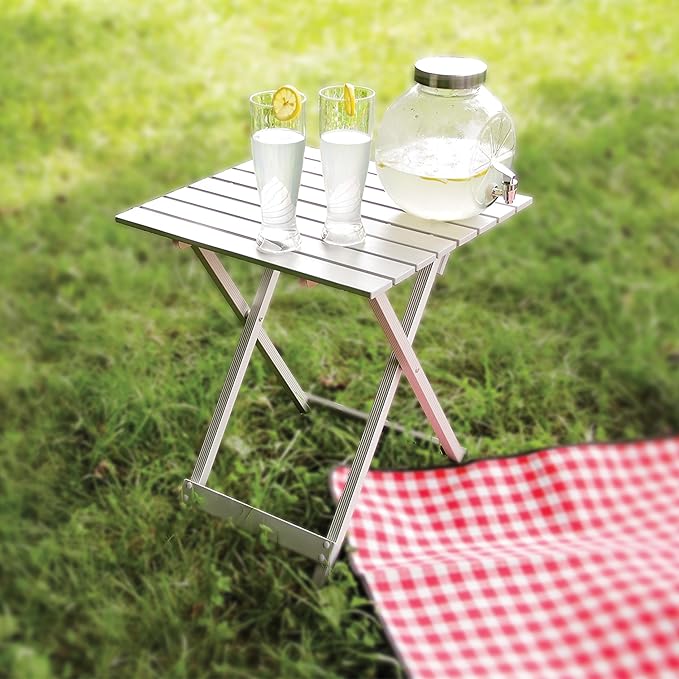Camco Large Aluminum Side Table - Features Easy Setup & Supports Up to 110lbs - 19.5 L x 20” W x 24.25” H - Great for Camping, RVing & More - Folds to 2” (W) for RV Storage and Organization (51891)