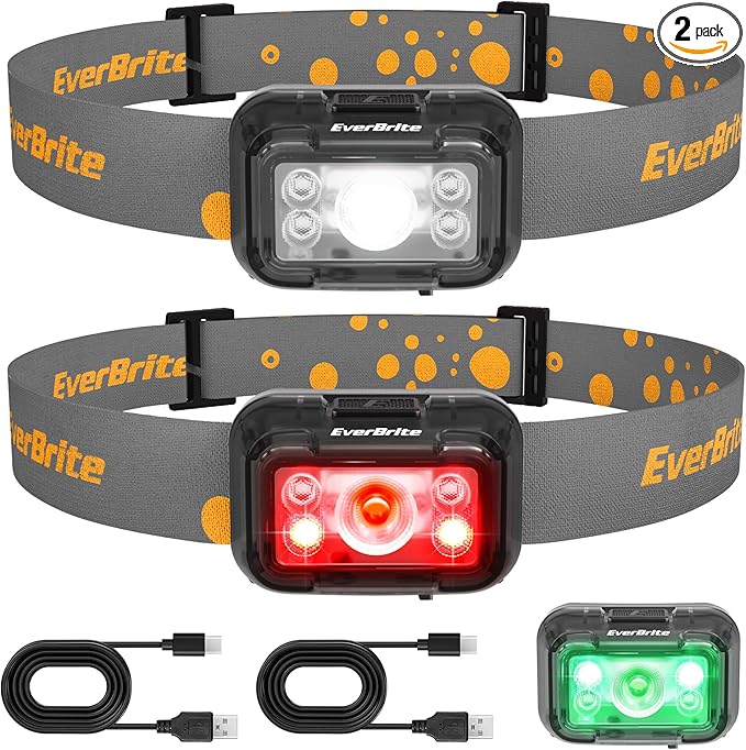 EverBrite Rechargeable Headlamp, 2 Pack Kids & Adult Headlamp with White/Red/Green Light, Memory Function, 120° Adjustable, IP54 Waterproof Head Lamp for Camping, Running & Emergencies, Gift Choice