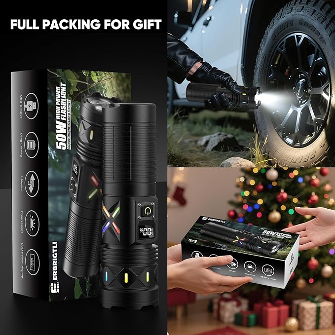 Flashlights High Lumens 100000 Rechargeable, Super Bright 50W LED, Long Running 15 Hours, USB C Input & USB Output, Zoomable 3 Modes, Powerful Strong Flash Light for Home Hiking Camping