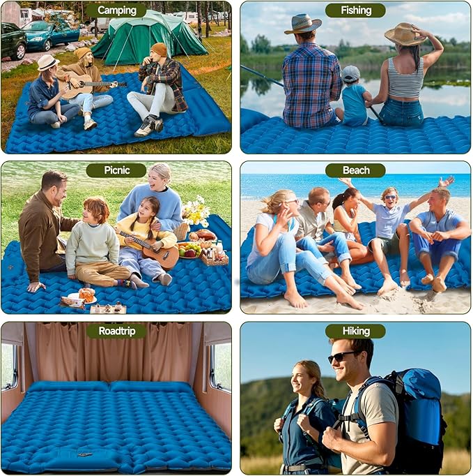 Double Camping Sleeping Pad, 4" Extra Thick 2 Person Inflatable Sleeping Pad with Built-in Foot Pump & Pillow, Ultralight Self Inflating Camping Mattress for Tent, Backpacking, Hiking, Travel, RV