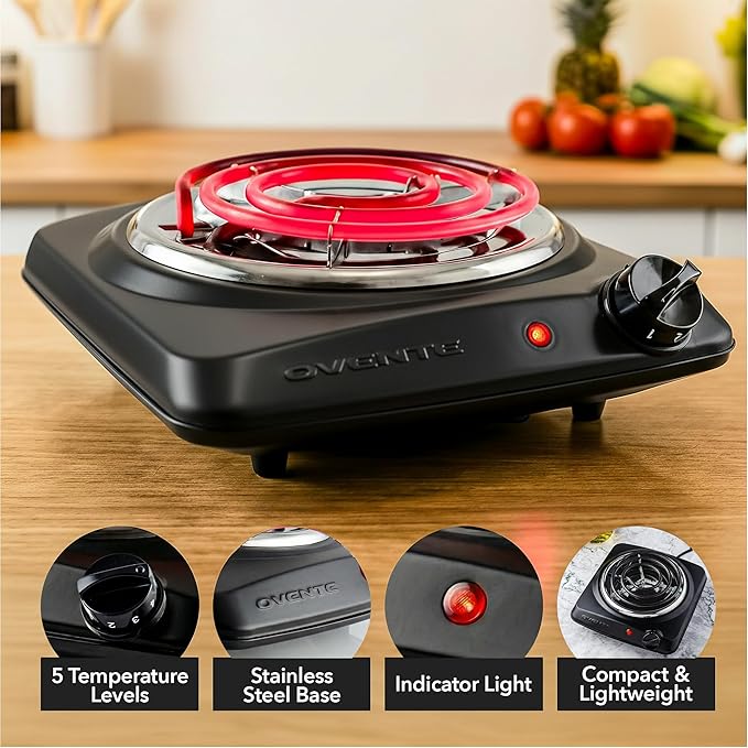 OVENTE Electric Countertop Single Burner, 1000W Cooktop with 6" Stainless Steel Coil Hot Plate, 5 Level Temperature Control, Indicator Light, Compact Cooking Stove and Easy to Clean, Black BGC101B