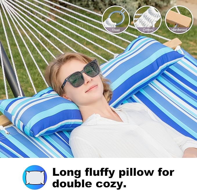 GAFETE 2 Person Hammock with Stand for Outside, 12ft Heavy Duty Steel Stand, Double Hammocks with Hardwood Spreader Bar, Large Removable Pillow, Side Pockets, Max 475 lbs Capacity (Ocean Blue)