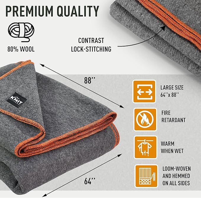 Large Military Wool Blanket - Warm & Thick Emergency Survival Blanket Great for Camping, Outdoors, Sports Events, Picnics, 4.5 lbs, 64" x 88" (Gray)