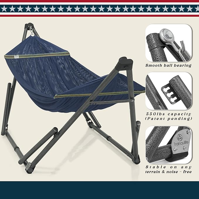 Tranquillo Uniki Adjustable Hammock with Stand Collapsible, Camping Hammock, 550 lbs Capacity Double Hammock Stand, Foldable Sturdy Noiseless Stand, for Active Life Carry Bag Included, Aegean