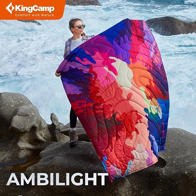 KingCamp Ultralight Camping Blanket, Packable Down Alternative Puffy Printed Wearable Blanket with Snap Buttons & Corner Loops Weatherproof Quilt for Outdoor Travel Stadium (79" L x 57" W, Colorful)