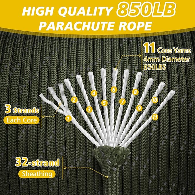 Reflective Paracord Rope 850Ib, 50/100/200/500/1000ft 4MM 11 Strand Parachute Cords, Tactical Paracord String for Camping, Fishing, Clothesline, Hammock, Survival Bracelet, Army Green 200FT