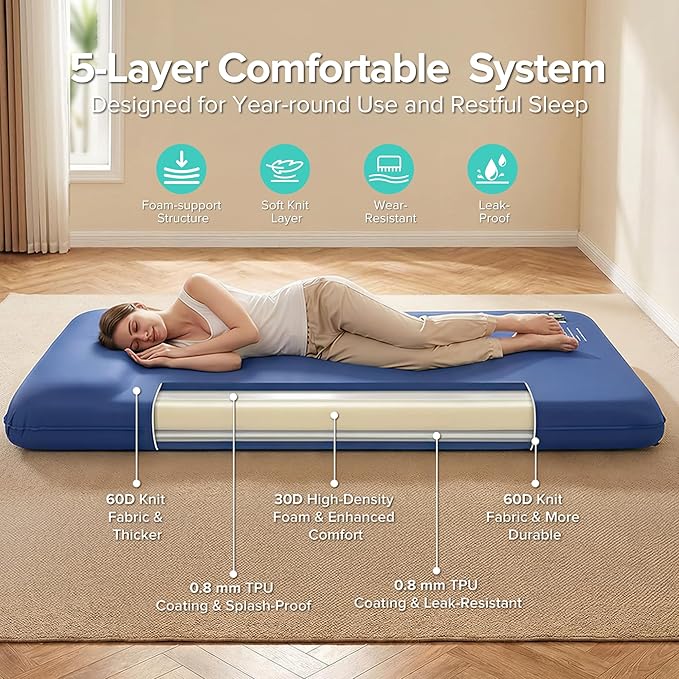 Memory Sleeping Pad, 3.1" Ultra-Thick Foam Sleeping Mat for Camping, Self-Inflating Sleeping Pad with Pillow, Quiet & 9.5 R-Value, 4-Season Camping Mattress Pad for Tent Car Travel (Dark Blue)
