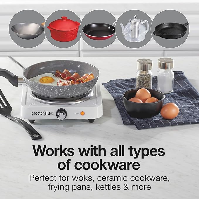 Proctor Silex Portable Electric Stove, Cast Iron Single Burner Cooktop, Compact, Adjustable Temperature Hot Plate, 1000 Watts, White (34107)