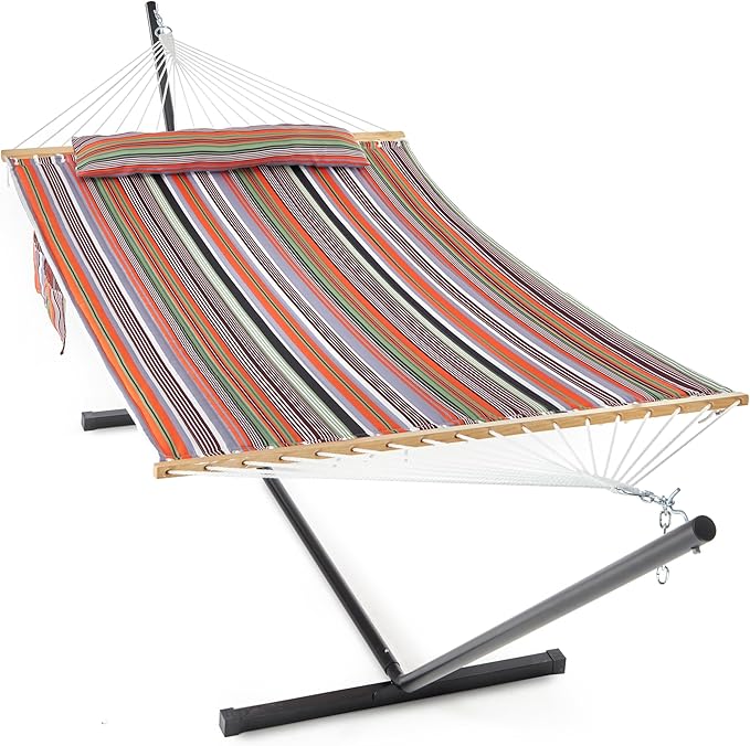 GAFETE 2 Person Hammock with Stand for Outside, 12ft Heavy Duty Steel Stand, Double Hammocks with Hardwood Spreader Bar, Large Removable Pillow, Side Pockets, Max 475 lbs Capacity (Classic Red)