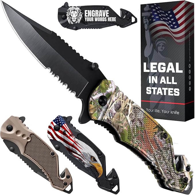 GOOD WORKER Legal Pocket Knife with 2.95” Serrated Blade, Glass Breaker, Seat Belt Cutter - EDC Sharp Folding Knives with Portable Clip - Small Tool for Tactical Camping Survival Hiking - Gifts for Men, Women