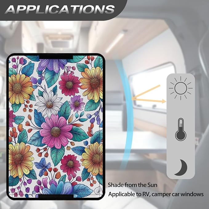 RV Door Window Shade Cover, RV Door Window UV Protective Cover, Colorful Flower Foldable Travel Trailer Motorhome Rv Screen Door Protector, RV Accessories for Inside