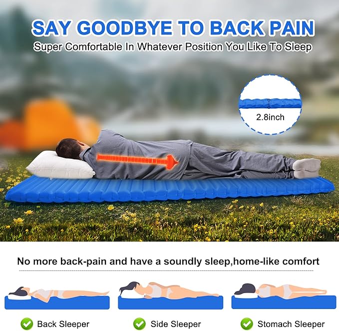 Camping Sleeping Pad, Ultralight Waterproof Inflatable Sleeping Mat with Inflation Bag, Lightweight Portable Compact Air Mattress for Outdoor Backpacking Hiking Traveling Tent Use (Single, Blue)