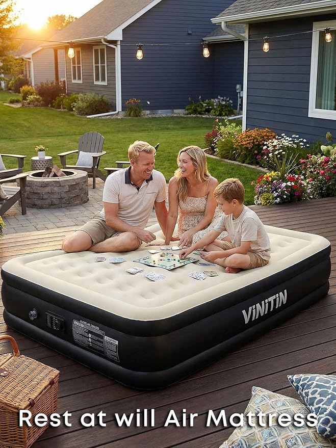Queen Air Mattress with Built-in Pump, 16" Elevated Inflatable Bed for Home & Guests, Self-Inflating Blow Up Mattress with Flocked Top & Storage Bag, 660lb Max Weight, Matt Black