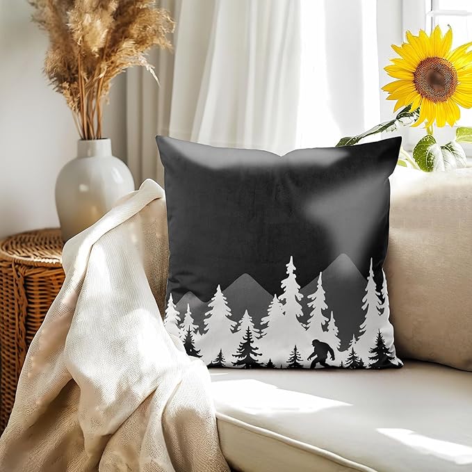 Bigfoot Sasquatch Forest Camping Throw Pillow Cover 18x18, Camping Themed Pillowcase for RV Campsite Sofa Decor, Fun Gift for Camp Lovers