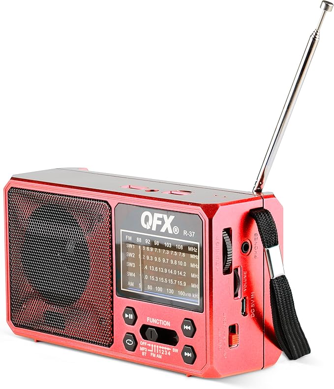 QFX R-37 (AM, FM, SW1) 6-Band Solar Powered Radio with Bluetooth, LED Flashlight, USB & Micro SD Ports