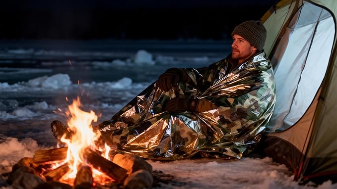 4-Pack Emergency Survival Kit,Camo Emergency Blankets（2） + Orange Emergency Ponchos（2）, Waterproof & Thermal Insulated PE & Mylar Gear for Camping, Hiking, Disaster Preparedness