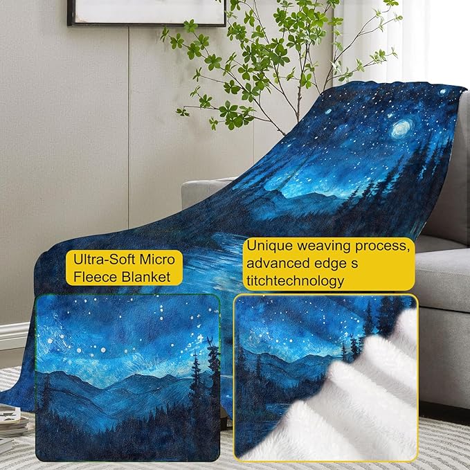 Starry Night Forest Flannel Blanket, Starry Night Gifts, Nature-Themed Blanket for Women, Soft Lightweight Throw Blankets for Bed Home Travel Decor 60" x 80"