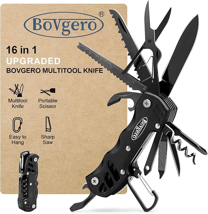 Bovgero Multitool Knife, 16 in 1 Pocket Knife, Handmade Multi Tool Knife, Birthday Christmas Gift for Men Women Him Her Boyfriend Girlfriend Dad Husband, Black
