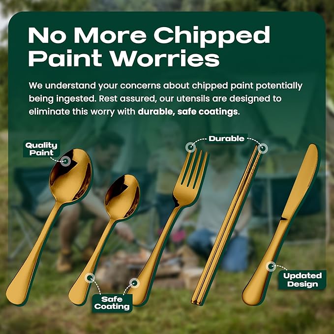 Taplord Portable Travel Silverware Set With Case, Includes 5 Pcs of Travel Utensils With Case, Stainless Steel Flatware Set For Camping, Easy to Travel, Lightweight (Gold)