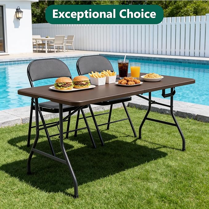 Folding Table, 5FT Foldable Picnic Table with Carrying Handle, Heavy Duty Fold-in-Half Portable Table for Weddings, Camping, RV Travel, Parties, BBQs, and Indoor Use, Easy to Fold and Store, Brown