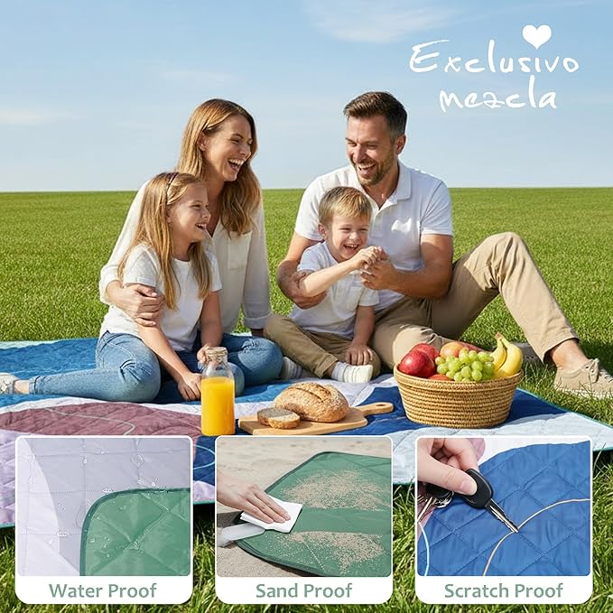 Exclusivo Mezcla Waterproof Picnic Blankets 60x80 Inch, 3 Layer Extra Large, Sandproof and Foldable Outdoor Blanket for Beach Camping, Park and Travel