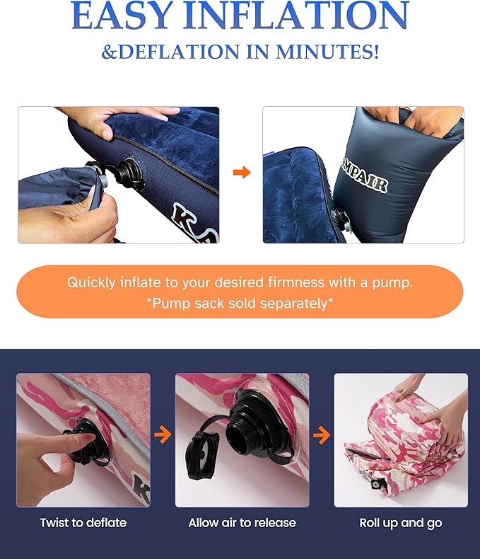 Inflatable Sleeping Pad for Camping, Extra-Thick 4.75" Single Air Mattress with Soft Velvet Top, Machine Washable, Family Lightweight 4-Season Pad for Traveling & Hiking, Pink