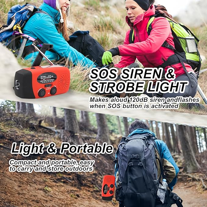 2000MAH Emergency Hand Crank Radio, Portable Survival Solar Radio AM FM NOAA Weather Radio with Earphone Jack SOS Alarm 4 Modes LED Flashlight, Portable Phone Charger Type-C charger for Camping Hiking