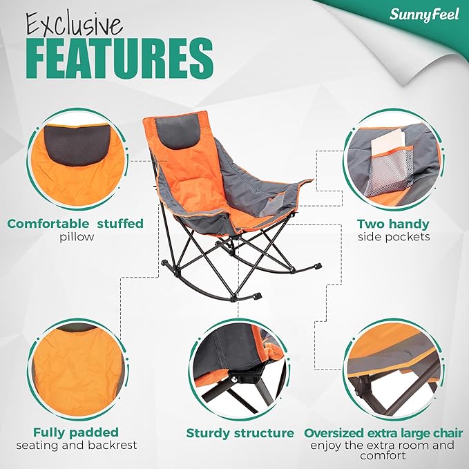SUNNYFEEL Oversized Rocking Camping Chair, Fully Padded Patio Chair with Side Pocket, High Back Portable Lawn Recliner with Headrest, Outdoor Camp Rocker Chairs for Adults Heavy Duty 500 LBS Carry Bag