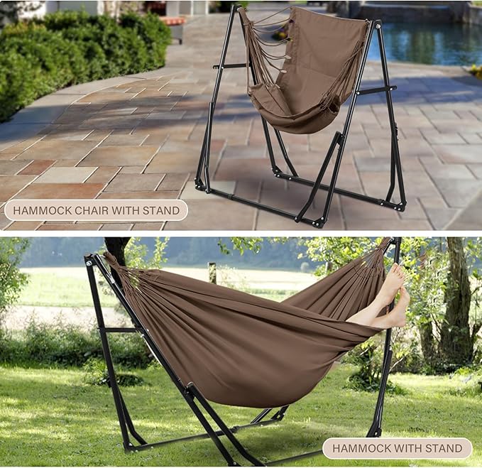 2 in 1 Hammock with Stand, Outdoor Hammock Swing Chair with Portable Heavy Duty Stand, Multi-Functional Hammock Stand 480 lbs Weight Capacit-Coffee