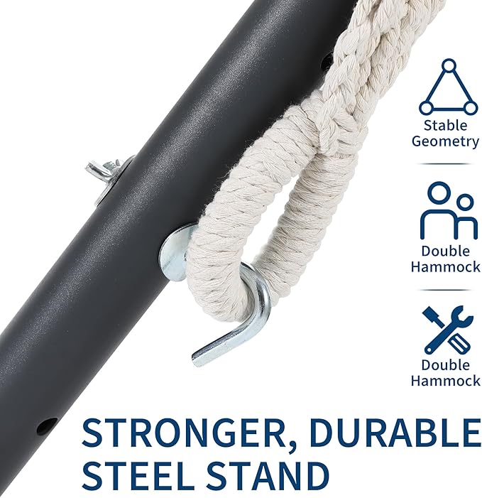 Double Hammock with Steel Stand - 2 Person Hammock Bed Indoor Outdoor, Brazilian-Style, with Carry Bag, 450lb Capacity, Portable & Easy Assembly, Blue&White