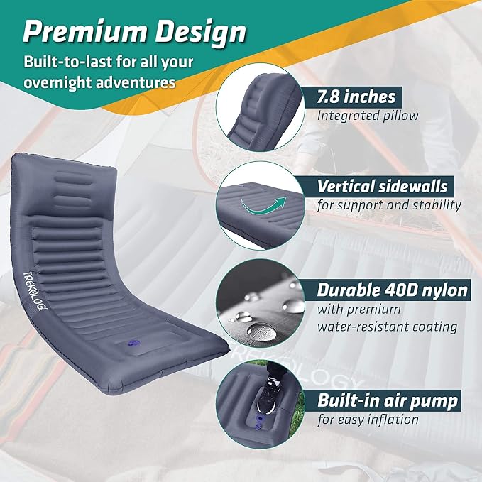 TREKOLOGY Sleeping Pad for Camping - Infaltable Mat – 73.2"x 29.9" Premium with Built‑in Pump, Neck‑Support Pillow, Thick 4.9" Height – Ultralight Sleep Pad for Tent, Backpacking & Travel