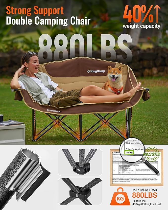 KingCamp Double Camping Chair, Oversized 880lbs Heavy Duty Loveseat for Adults Portable Folding XL 2 Person Couch Padded Comfortable Two Seat with Cup Holder for Outdoor Lawn Backyard, Khaki/Coffee