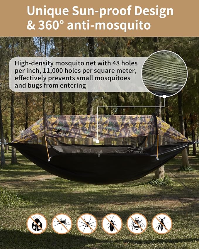 Camping Hammock Tent with Mosquito Net and Sunshade, Extra Large for 2 Person, Lightweight Hanging Hammocks Tree Straps, Bivvy Ground Tent for Outside, Hiking, and Travel