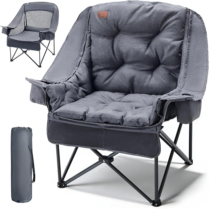 EVER ADVANCED XL Camping Chair with Detachable Cushion, Mesh Chair for Adults Foldable, Oversized Heavy Duty Folding Chair with Cooler Mesh Pocket Cupholder Outdoor Fishing, Supports 400LBS Grey