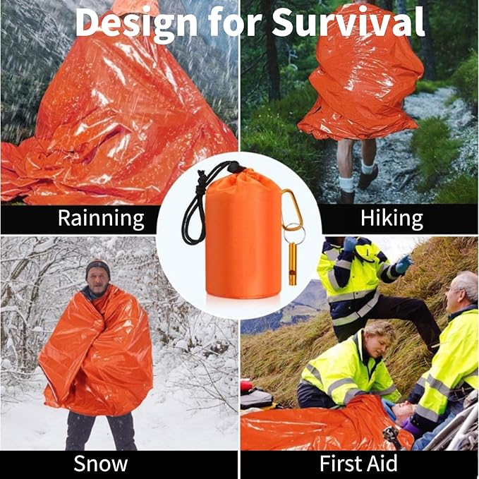 Emergency Sleeping Bag with Whistle, Portable Emergency Survival Bag, Lightweight Pocket Size Emergency Sleeping Bag, Waterproof Thermal Bivy Sack for Camping, Hiking