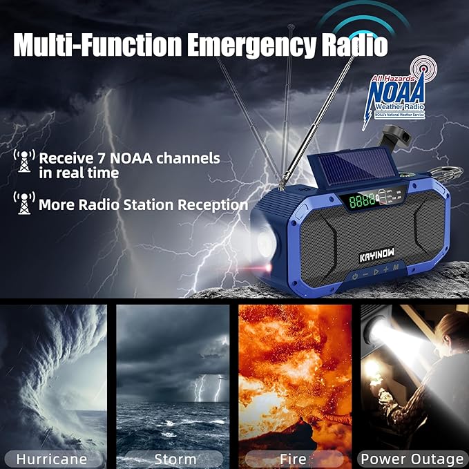 Hand Crank Emergency Weather Radio Solar Power with AM FM NOAA,Wind Up Flashlight,18500mWh/5000mAh Rechargeable Battery,SOS Alarm,Portable,Waterproof,for Survival,Storm and Power Outage