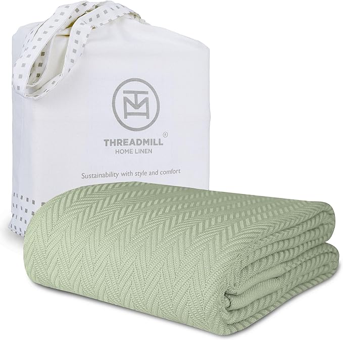 Threadmill Luxury Cotton Blankets Queen Size | All-Season 100% Cotton Blanket for Queen/Full Size Bed | Herringbone Soft Breathable | Sage Green