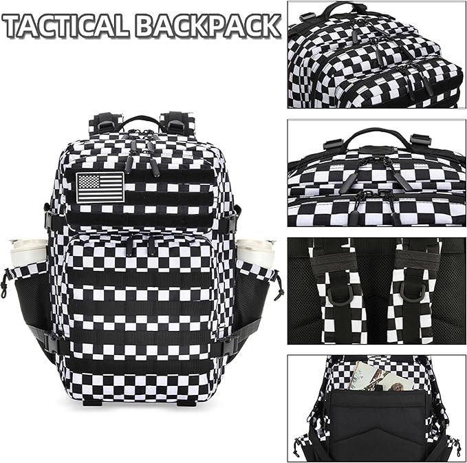Lovelinks21 45L Tactical Assault Backpack 3 day assault pack with Molle Waterproof backpack Rucksack for Tactical Backpacks (Black and white check)