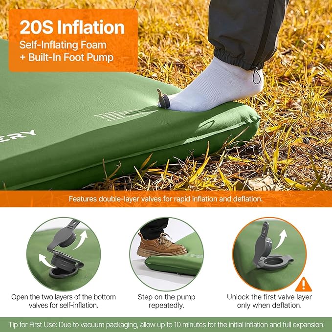 OGERY Upgraded Self-Inflating Sleeping Pad with Built-in Foot Pump & Washable Cover, 3" Memory Camping Mattress Pad, Quiet & 9.5 R-Value Insulated Sleeping Mat for Car Tent Camping