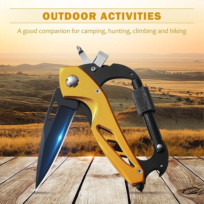 Stocking Stuffers Gifts for Men, Carabiner Multitool 6-in-1 EDC Carabiners Pocket Knife with Window Breaker, Bottle Opener and Screwdriver，Folding Knife for Camping Hiking（Gold）