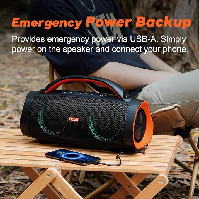 DOSS Extreme Boom Pro 100W Loud Outdoor Speaker, 2+2 Channel, IPX6 Waterproof, Bluetooth 5.3, 20H Playtime, Dynamic RGB Lights, Portable Speaker for Camping, Beach, Pool, Working Outside - Orange