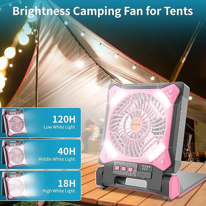 WESTTREE Solar Fan Battery Powered Rechargeable Solar Camping Fan with Led Lantern & Power Bank Foldable Angle USB Personal Fans for Travel Outdoor Camping Tents X98 Pink