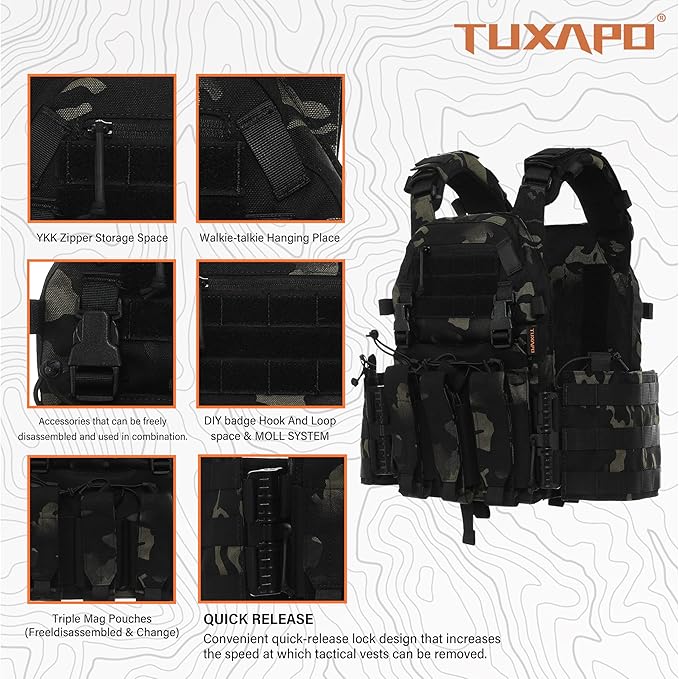 Tactical Molle Vests with Triple mag Pouch and Side Cummerbund Pouches, Quick Release Vests for Men
