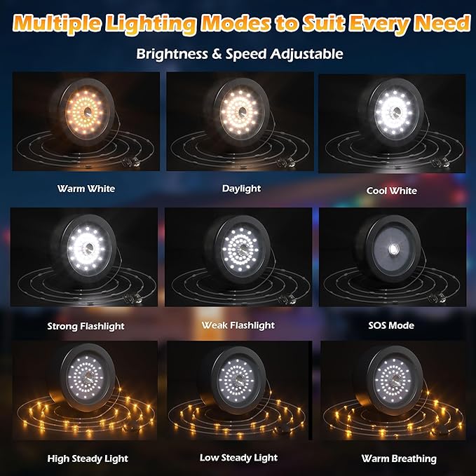 5200 mAh Solar Camping String Lights, Portable Warm White Fairy String Light, 33FT 4-in-1 Waterproof Hanging String Lights, USB-C Rechargeable Phone Charger for Christmas Decor, Patio, Party