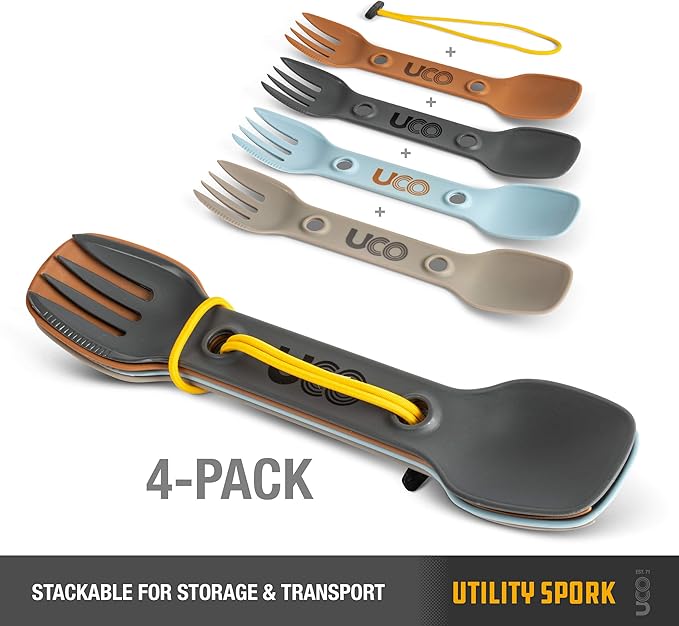 UCO Utility Spork 3-in-1 Combo Spoon-Fork-Knife Camping Utensil, 4-Pack