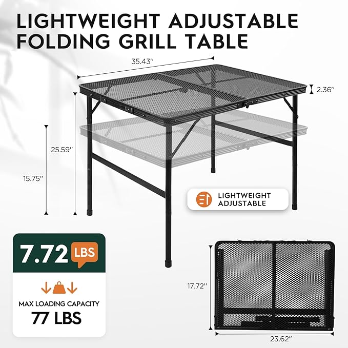 WildFinder 3x2 FT Folding Grill Table, Portable Camping Table for Outside, Adjustable Height Folding Table with Desktop & Mesh Bag, Lightweight Outdoor Table for Camping, Picnic, BBQ