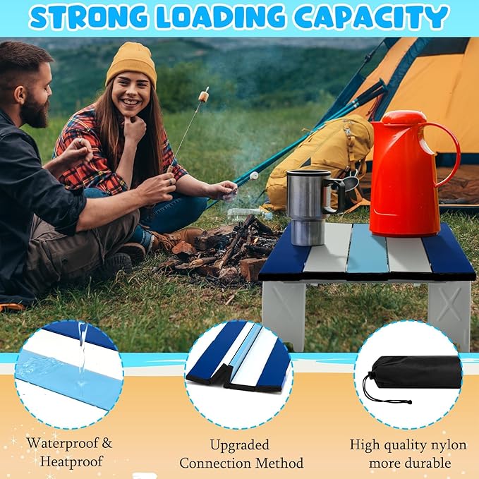CroBlissful Beach Table Folding Camping Portable Table Striped White Aluminum Side with Carry Bag for Camping Picnics and Outdoor Activities(16x11x5 in,Navy Blue)