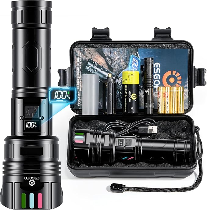 Super Bright Flashlight 100000 High Lumens Rechargeable,Powerful Long Distance 3280ft Strong LED Flash Lights,Long Lasting 10H LCD Digital USB Discharging Function,Focus & Brightness Adjustable