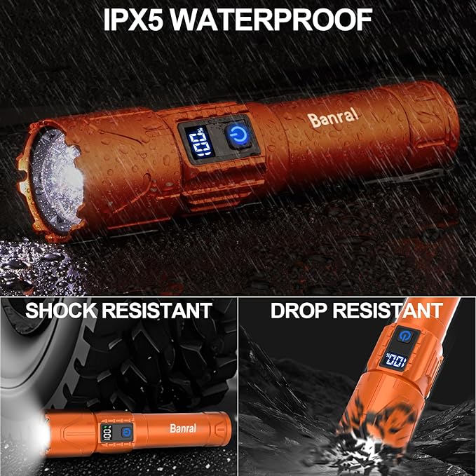 Rechargeable Tactical Flashlights 2000 High Lumens - 5000mAh Super Bright LED Powerful Flash Light, Waterproof Handheld USB C Flashlight for Home,Car,Camping,Emergencies,5 Modes,Zoomable (1, Orange)